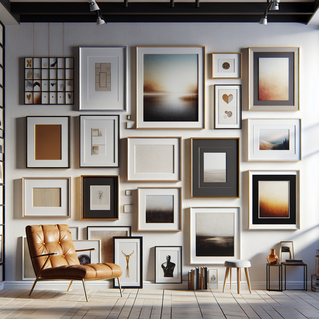 Modern gallery wall arrangement with multiple custom framed artworks